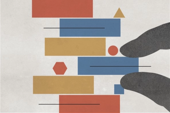 Illustration of fingers holding colorful rectangular block and sliding it in or out of a block structure