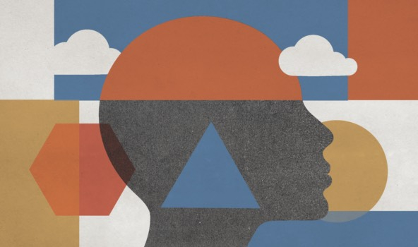 Illustration of a human head and colorful geometric shapes with clouds in the sky