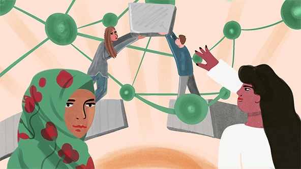 Two women standing with a web and bridge being built behind them