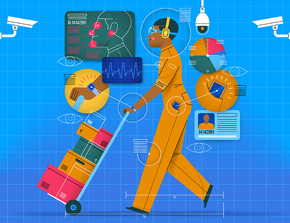 Warehouse worker pushing a dolly cart with packages, being watched by cameras, with phone in their pocket, photo ID badge, and surveillance tech in the background