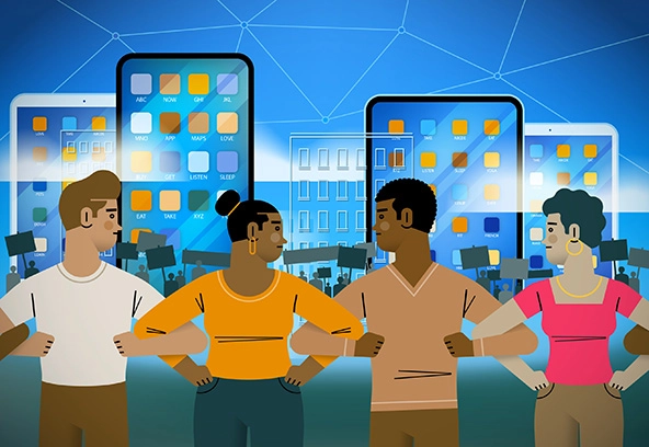 Workers linking arms against a backdrop of cellphones and tablets