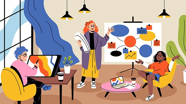 Brightly colored image of a group of young people in a brainstorming session