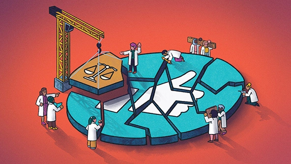 Broken Facebook like symbol with a broken piece being replaced by a symbol for justice.